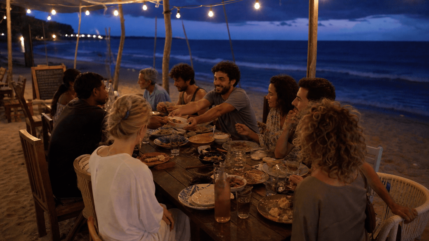 A group sharing a long table on the beach at dusk under strung lights