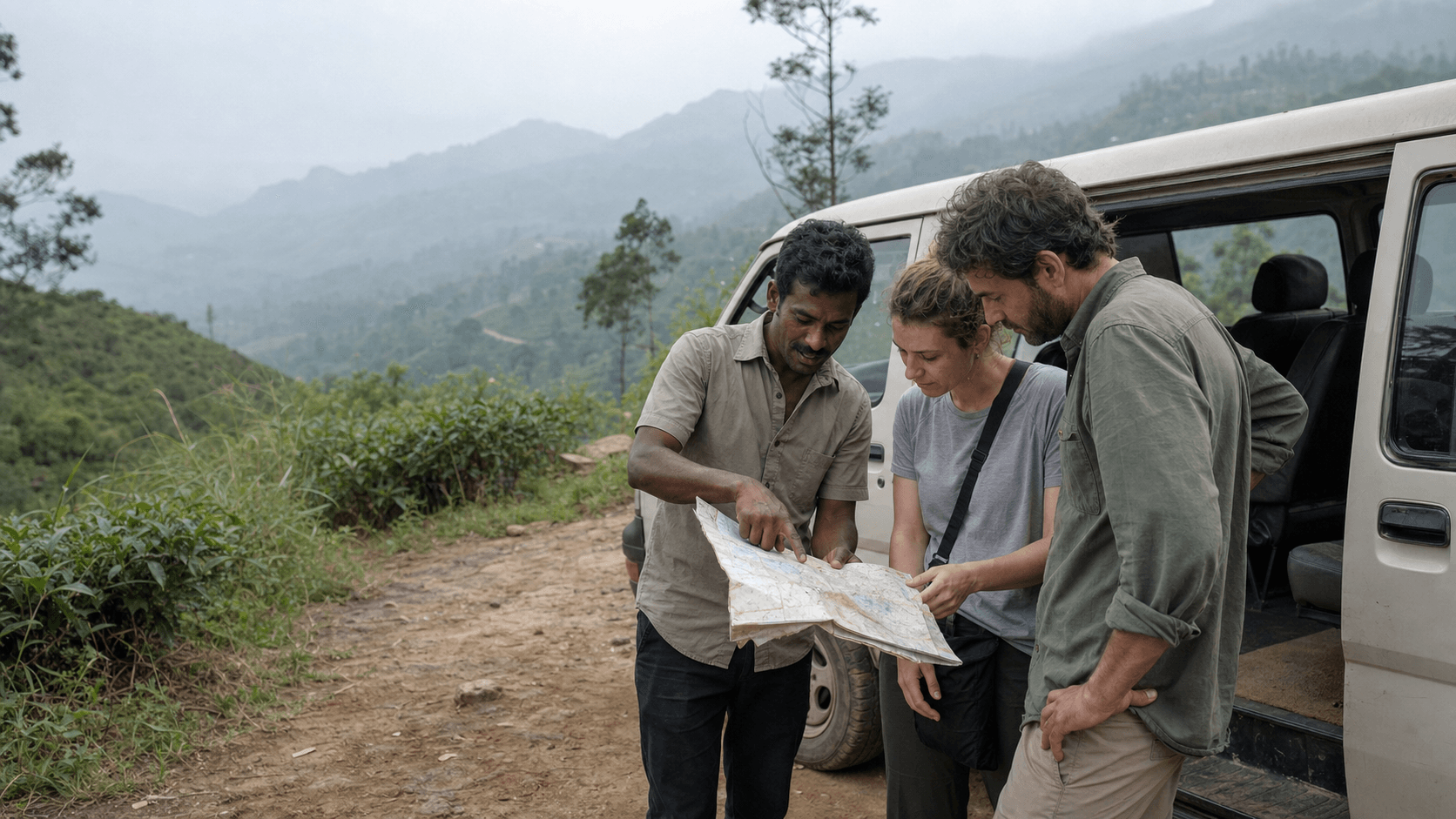 A Sri Lankan driver-guide planning a hill-country route with two travellers beside their vehicle